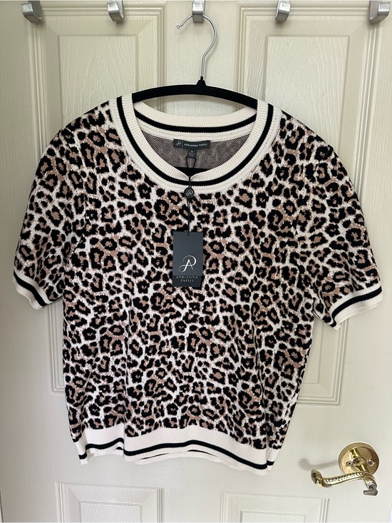 Adrianna Papell Tops - Adrianna Papell Black, Cream & Tan Leopard Short-Sleeve Knit Top